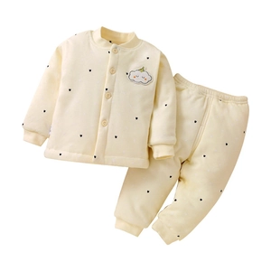 Quilted cotton baby thermal suit in soft yellow with cloud embroidery and heart prints