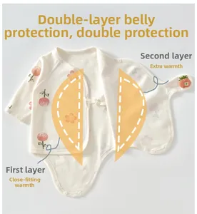 Detail of double-layer belly protection on strawberry print cotton baby bodysuit