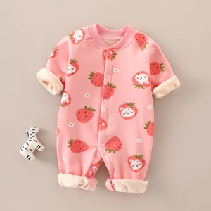 Infant Fleece Lined Long Sleeve Romper Cartoon Print Warm Jumpsuit Polyester Newborn Baby Autumn Winter One Piece Clothes
