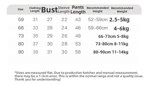 Size guide table for baby thermal suit showing length, chest, and height measurements