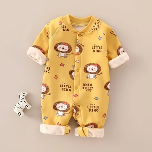 Warm yellow fleece baby romper with cute lion prints and cozy lining for winter comfort