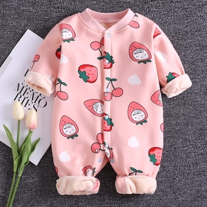 Pink strawberry print thermal fleece romper for baby girls with ribbed cuffs