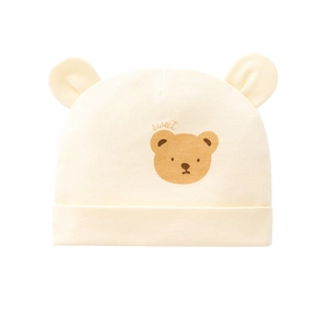 Newborn cream cotton beanie with cute bear print and soft 3D ears for baby boys and girls