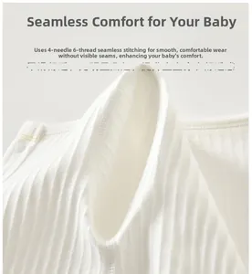 Detail of four-needle six-thread seamless stitching on white ribbed baby bodysuit