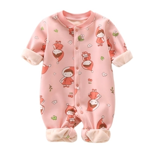 Pink fleece-lined baby romper with cartoon Little Red Riding Hood and floral print