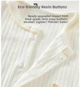 Detail of ribbed baby bodysuit neckline featuring safe food-grade resin snap buttons
