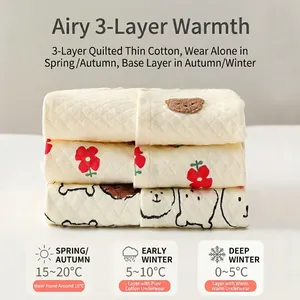 Quilted warm infant bodysuit with cartoon bear embroidery and triple-layer cotton padding