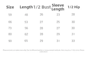 Detailed size chart for baby cotton romper showing length, chest, and sleeve measurements