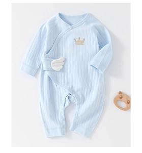 Detail of light blue newborn romper with golden crown embroidery and 3D wing accents