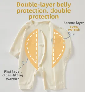 Detail of baby long-sleeve romper with double-layer belly protection and side buttons