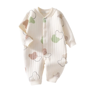 Quilted thermal baby romper in cream color with cute cartoon bears for winter warmth