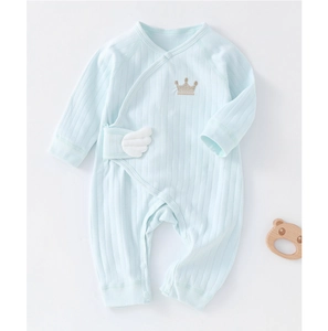 Detail of light blue newborn romper with golden crown embroidery and white 3D wings