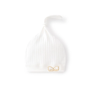 Soft white cotton baby knot hat with golden cloud embroidery for newborns