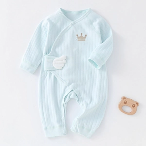 Newborn Baby Cotton Ribbed Romper Long Sleeve Jumpsuit With Crown Embroidery And Wings Decoration For Infants
