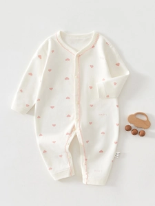 Barboteuse à Manches Longues pour Nouveau-Né 100 Pour Cent Coton Imprimé Cœur Fraise Motif Floral Combinaison pour Nourrissons