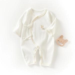 Newborn Baby Cotton Long Sleeve Romper Rabbit Embroidery Ribbed Side Tie Kimono Jumpsuit Breathable Infant Bodysuit Soft Pajamas