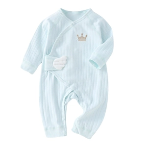 Light blue ribbed cotton newborn romper with golden crown embroidery and 3D wings