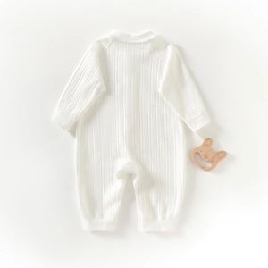 Newborn baby white ribbed long sleeve romper made of soft pure cotton for spring