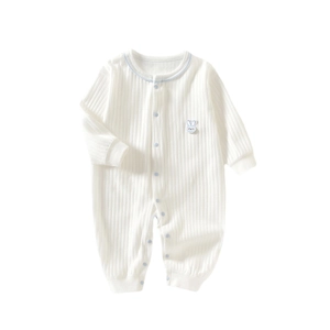 Long-sleeved newborn baby romper with bunny embroidery in white ribbed cotton knit