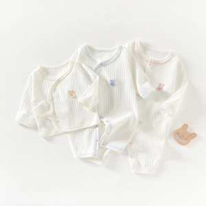 Newborn baby pure cotton ribbed rompers with cute rabbit embroidery and pastel trims