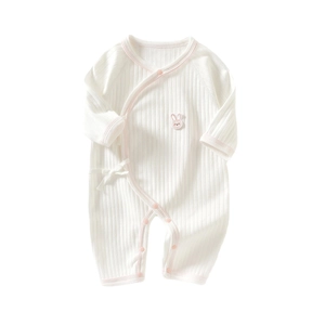 Newborn long sleeve cotton romper with rabbit embroidery and pink edge trim in white