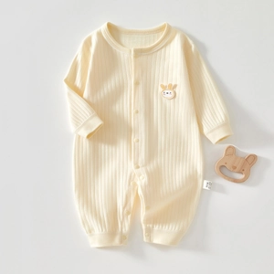 Grenouillère Bébé en Coton Nervuré Manches Longues Mignon Lapin Brodé Combinaison Pyjama sans Couture pour Garçons et Filles