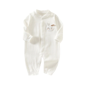 Long-sleeve cotton baby romper in cream white with vertical ribbed texture and rabbit embroidery
