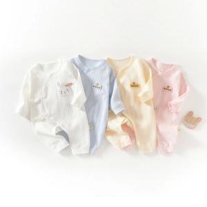Four-piece newborn cotton rib-knit rompers set in white, blue, beige, and pink colors