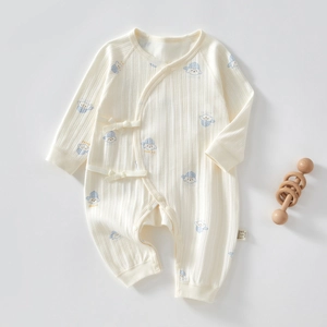 Newborn long sleeve cotton romper with cute puppy print and soft ribbed texture