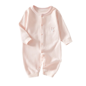 Pink cotton ribbed baby romper with bunny embroidery and snap closure for infants