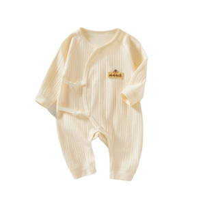 Ribbed cotton long sleeve newborn bodysuit with side tie closure and strawberry patch