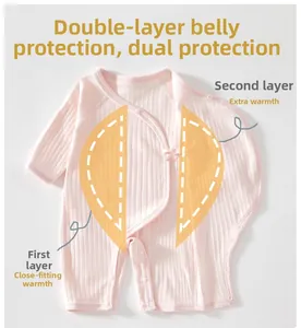 Detail of pink cotton baby romper with double-layer abdominal protection and snap buttons