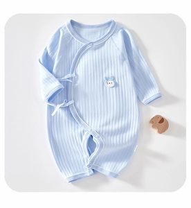 Detail of light blue cotton ribbed baby romper with a cute cartoon rabbit embroidery