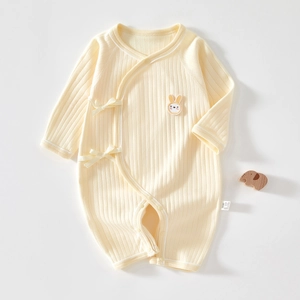 Pagliaccetto per Neonato in Cotone Senza Cuciture a Costine Con Lacci Stile Kimono Con Ricamo Cartone Animato Coniglio Orso