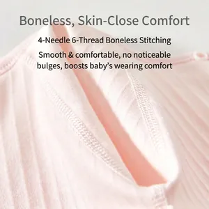 Pink ribbed cotton baby romper featuring smooth 4-needle 6-thread seamless stitching