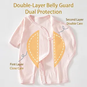 Pink cotton rib baby bodysuit with long sleeves and double-layer belly protection design