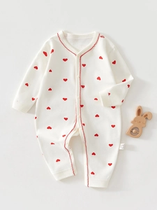 Barboteuse pour Nouveau-Né en Pur Coton Manches Longues Combinaison Douce Cœur Fraise Imprimé Tenue d'Une Pièce Printemps Automne