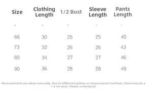 Size chart showing top length, chest, sleeve and pant length for baby cotton underwear set