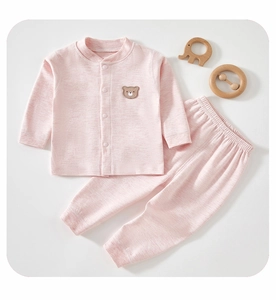 Detail of pink cotton baby pajama set with knit texture and cute bear embroidery