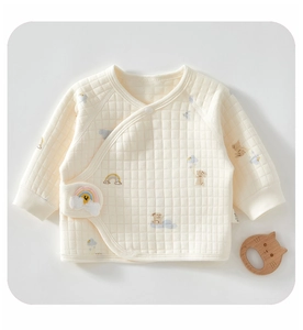 Quilted cotton newborn kimono top with rainbow bunny print and soft diamond stitching