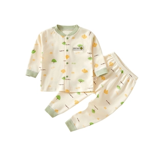 Infant cotton thermal underwear set with green tree print and long sleeve cardigan top