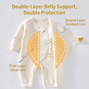 Newborn baby thermal cotton romper with double-layer belly protection and tie front closure