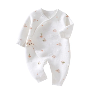 Newborn rabbit print cotton romper with quilted texture and 3D bunny decorative accent