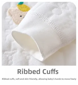 Detailed macro view of the ribbed cuffs and cute bear patch on thick baby romper