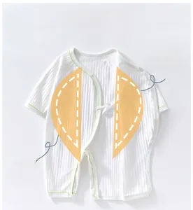 Detail view of baby ribbed cotton romper with double-layer abdominal warmth design