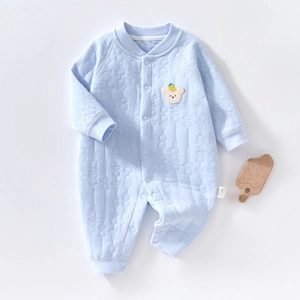 Thick cotton baby romper in light blue with textured jacquard and cute bear patch
