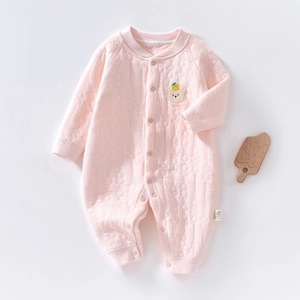 Quilted baby romper in pale pink cotton with bear embroidery and full button front