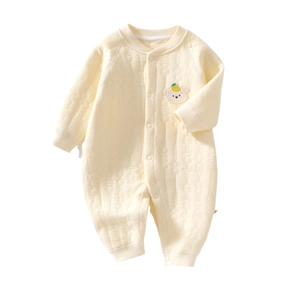 Quilted cotton baby romper in light yellow with cute bear embroidery for winter warmth