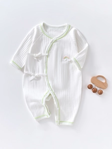Newborn Baby Cotton Ribbed Romper Kimono Style Long Sleeve Jumpsuit Breathable Soft Infants Sleepwear With Rabbit Embroidery