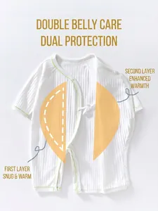 White cotton ribbed baby romper with double-layer belly protection and green piping trim